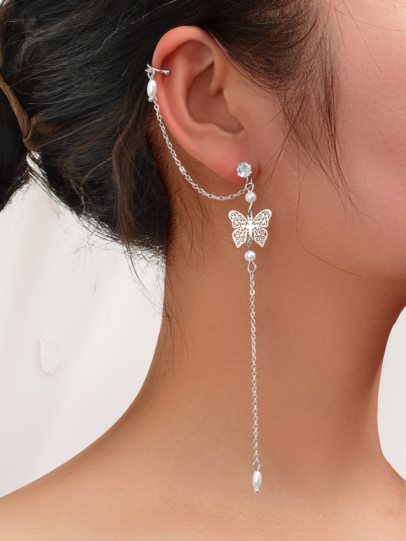 Butterfly Pendant Tassel Stud Earrings - Elegant and Whimsical Dangles Ear Clip Feelontop Jewellery