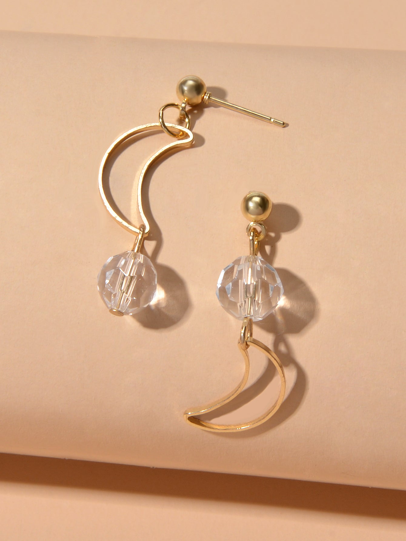 Minimalist Gold Metal Moon Star Transparent Beads Asymmetric Pierced Earrings Feelontop Jewellery