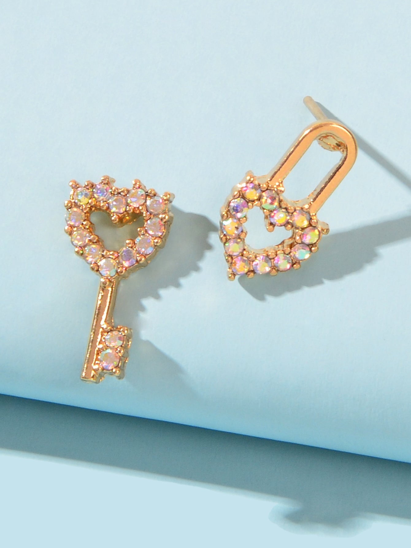 Asymmetrical Design Gold Plated Heart Key Lock Stud Earrings Women Dainty Gifts Feelontop Jewellery