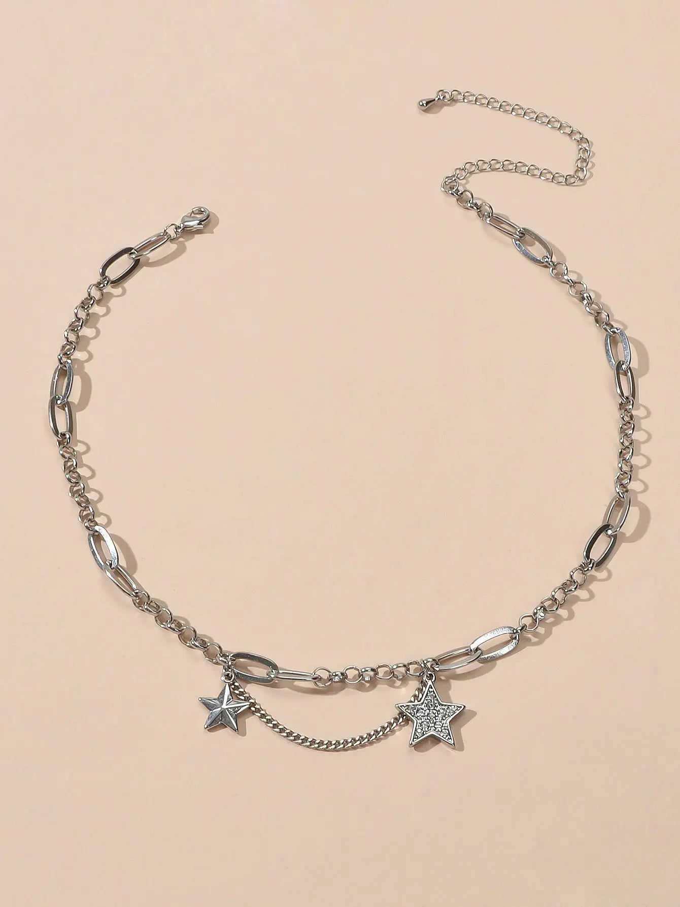 Retro Silver Trendy Paperclip Chain Rhinestone Star Charm Short Collar Necklace Feelontop Jewellery
