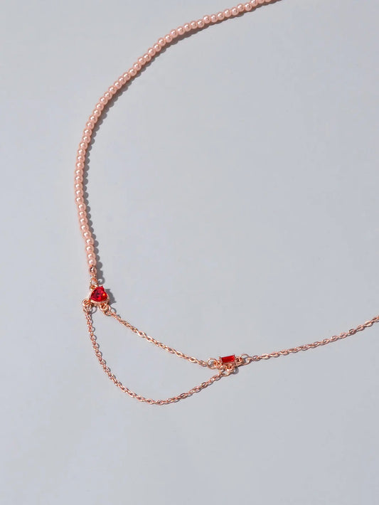 Perfect Engagement Gift Rosegold Chain Pearl Heart Sqaure Red Crystal Necklace Feelontop Jewellery
