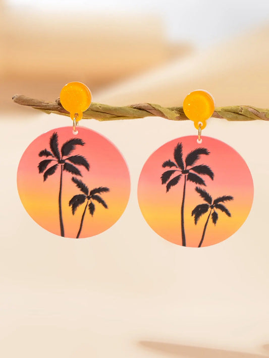 Boho Chic Coconut Tree Pattern Round Orange Acrylic Dangle Earrings for Holiday Feelontop Jewellery