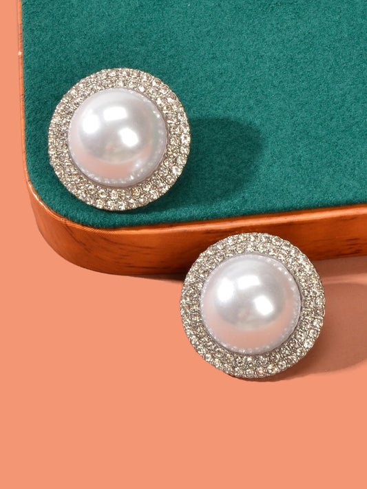 Luxurious Rhinestone Big Pearl Decor Round Stud Earrings Wedding Bridal Jewelry Feelontop Jewellery