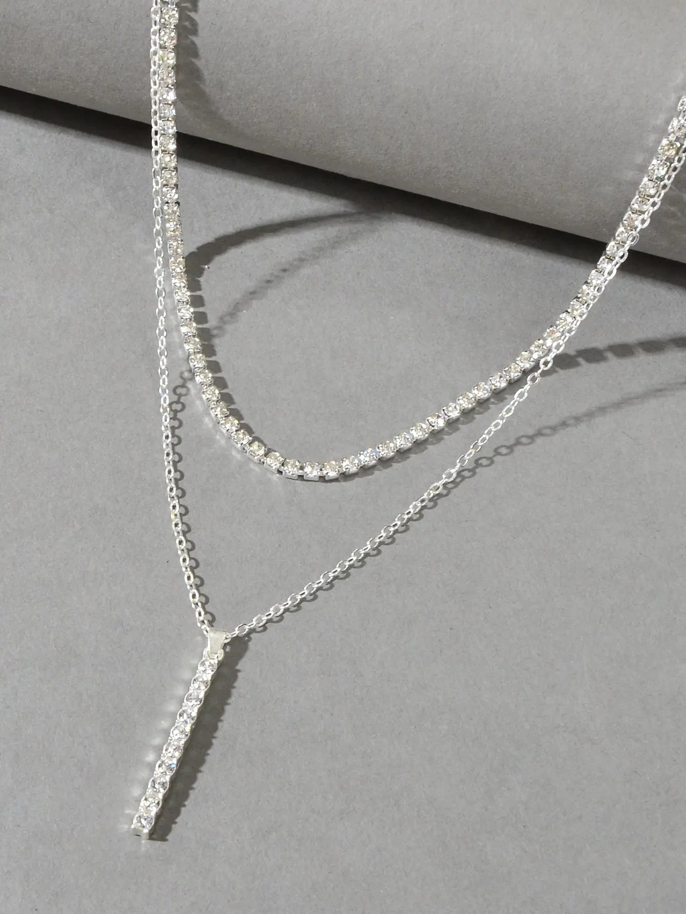 Trendy Shining Full Rhinestone Gold Silver Double layer Chain Bar Charm Necklace Feelontop Jewellery