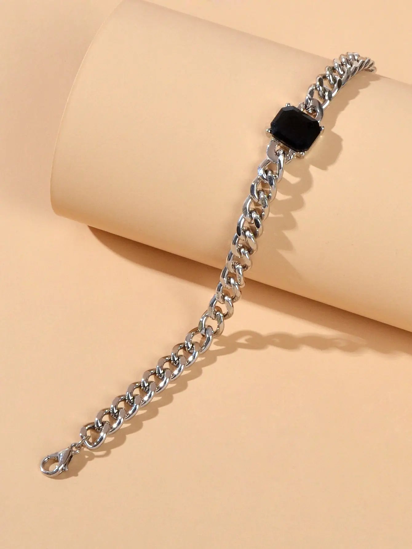 Cool Women Accessories Black Acrylic Crude Silver Metal Link Chain Bracelet Gift Feelontop Jewellery