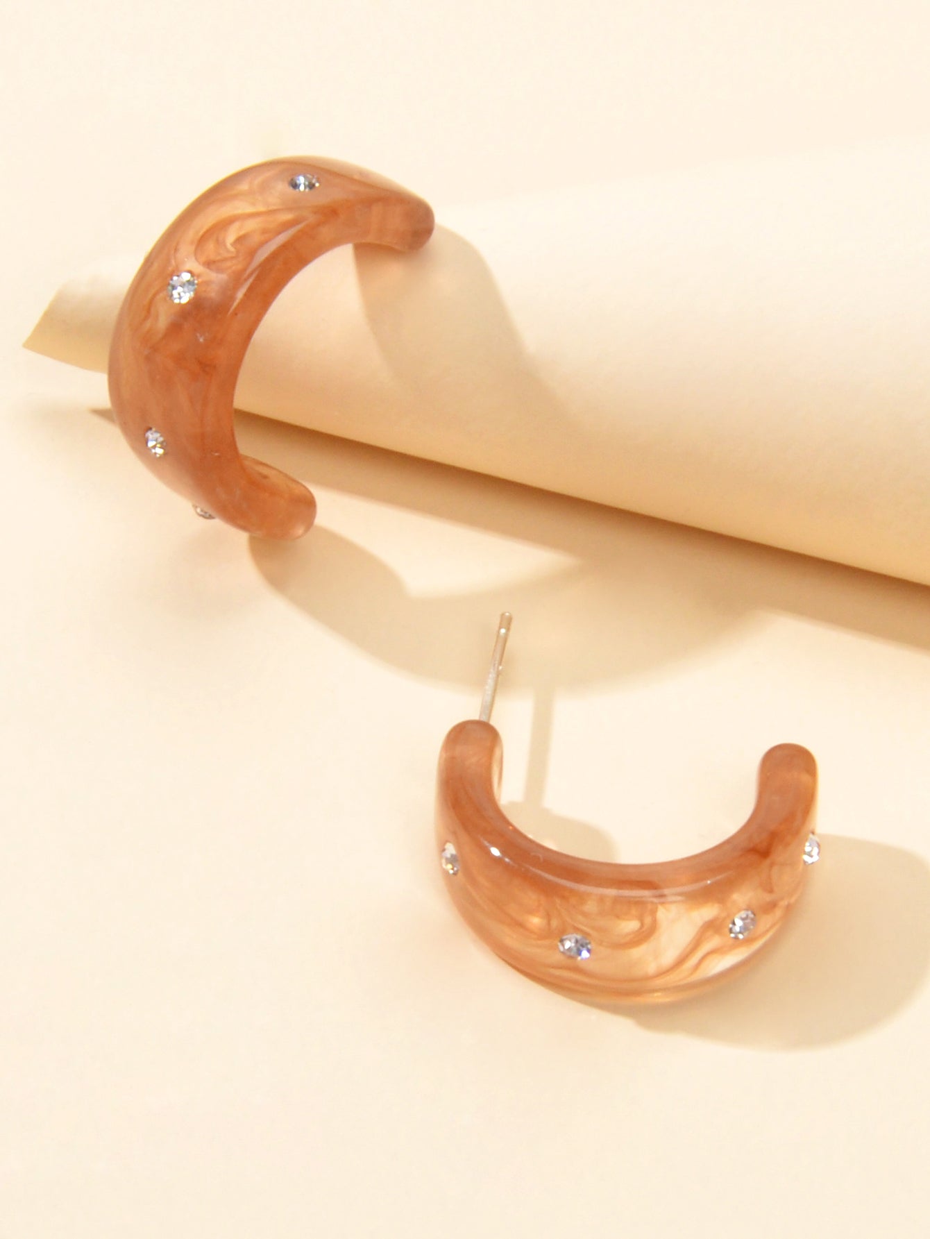 Boho Chic Rhinestone Brown Resin C shape Huggie Pierced Hoop Personality Earring Feelontop Jewellery