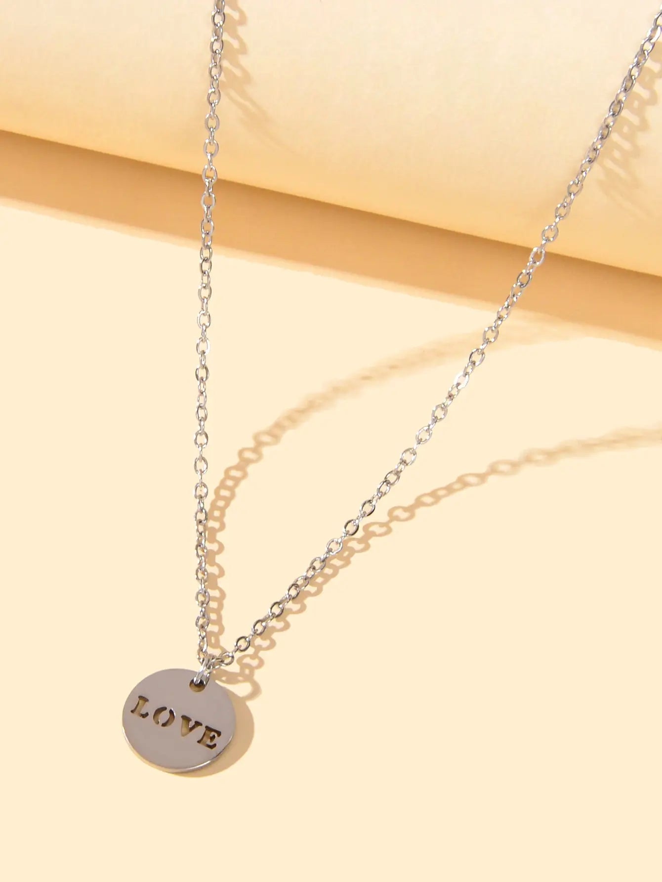 Minimalist Sliver Chain Stainless Steel Love Letter Round Disc Pendant Necklace Feelontop Jewellery
