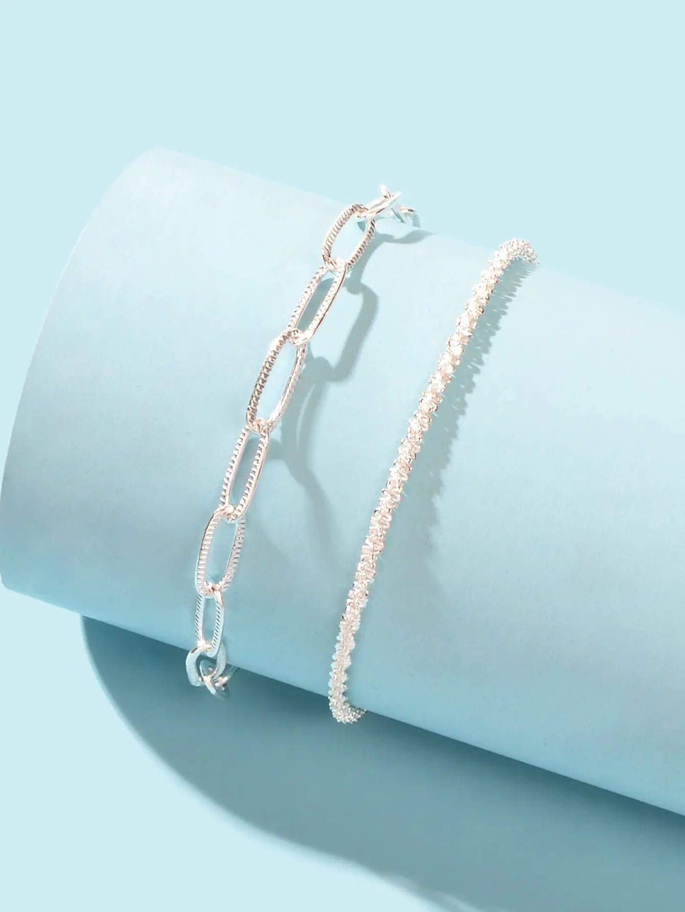 2 pcs Layered Initial Silver Link Chain Bracelets Women Girls Hand Accessories Feelontop Jewellery