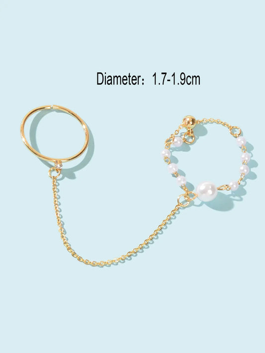 Pearl Punk Stackable Knuckle Chain Tassel Double Finger Midi Rings Feelontop Jewellery