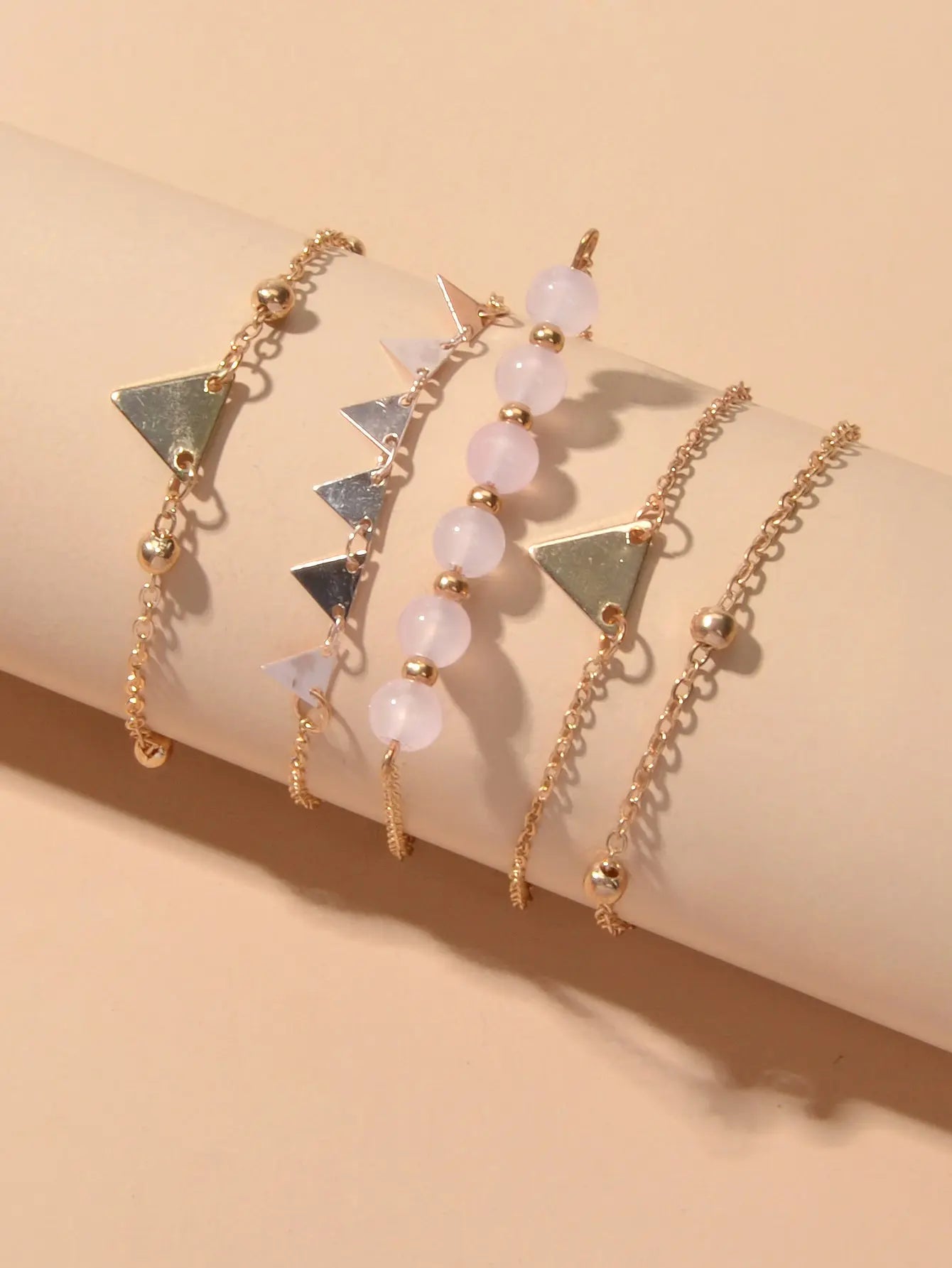 5pcs Gold Color Chain Pink Beads Triangle Decor Bracelet set Boho Chic Jewellery Feelontop Jewellery