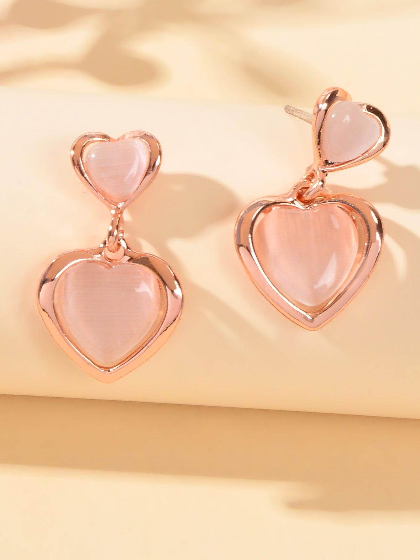 Girlfriend Birthday Gift Elegant Rose Gold Pink Opal Love Heart Dangle Earrings Feelontop Jewellery