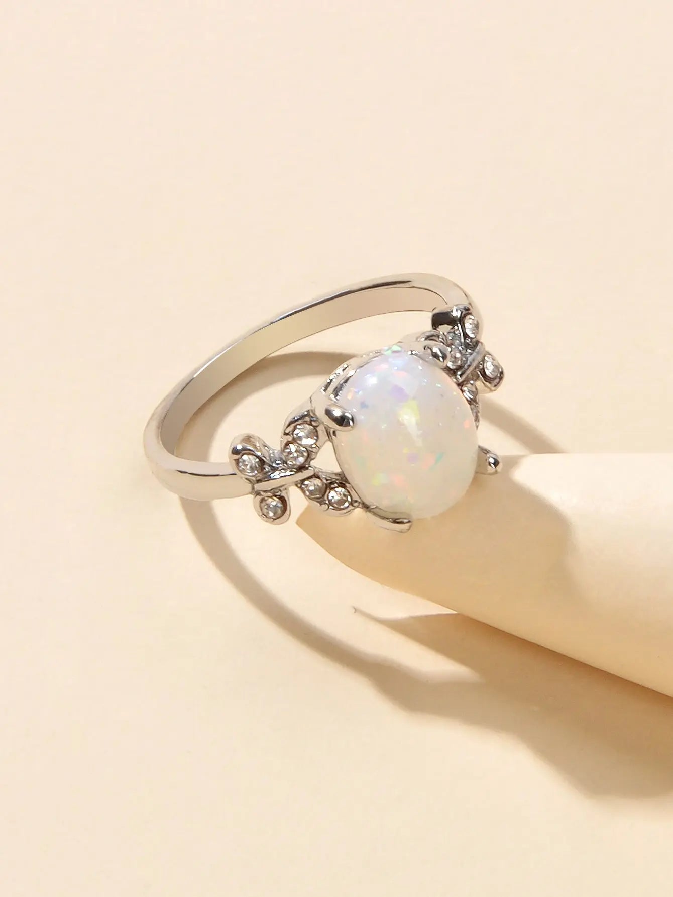 Retro Textured Jewellery Band Rhinestone Simulant Opal Butterfly Wedding Ring Feelontop Jewellery