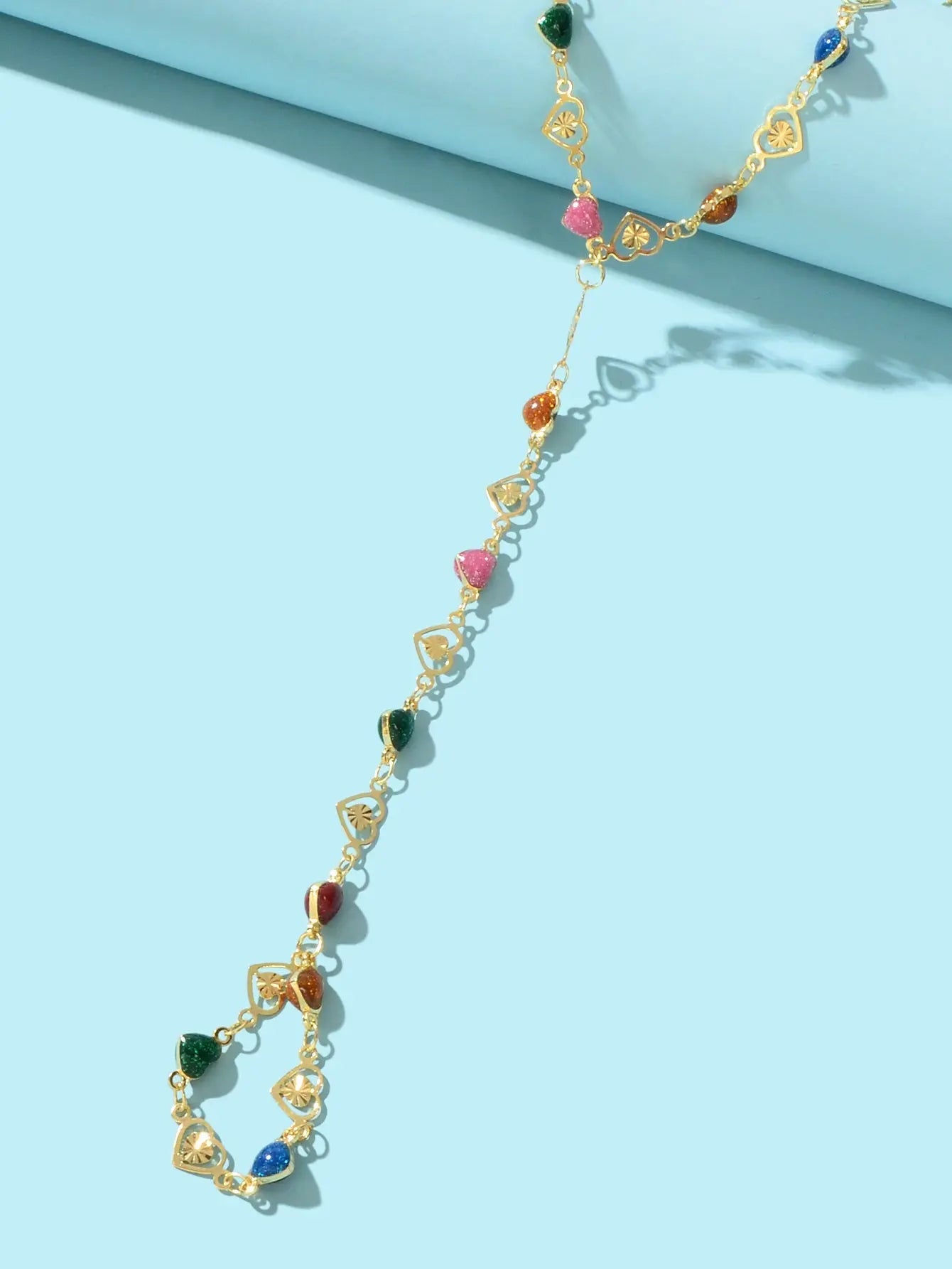 Colorful Heart Gold Chain Ring Wrist Finger Slave Bracelet Bangle Hand Jewellery Feelontop Jewellery