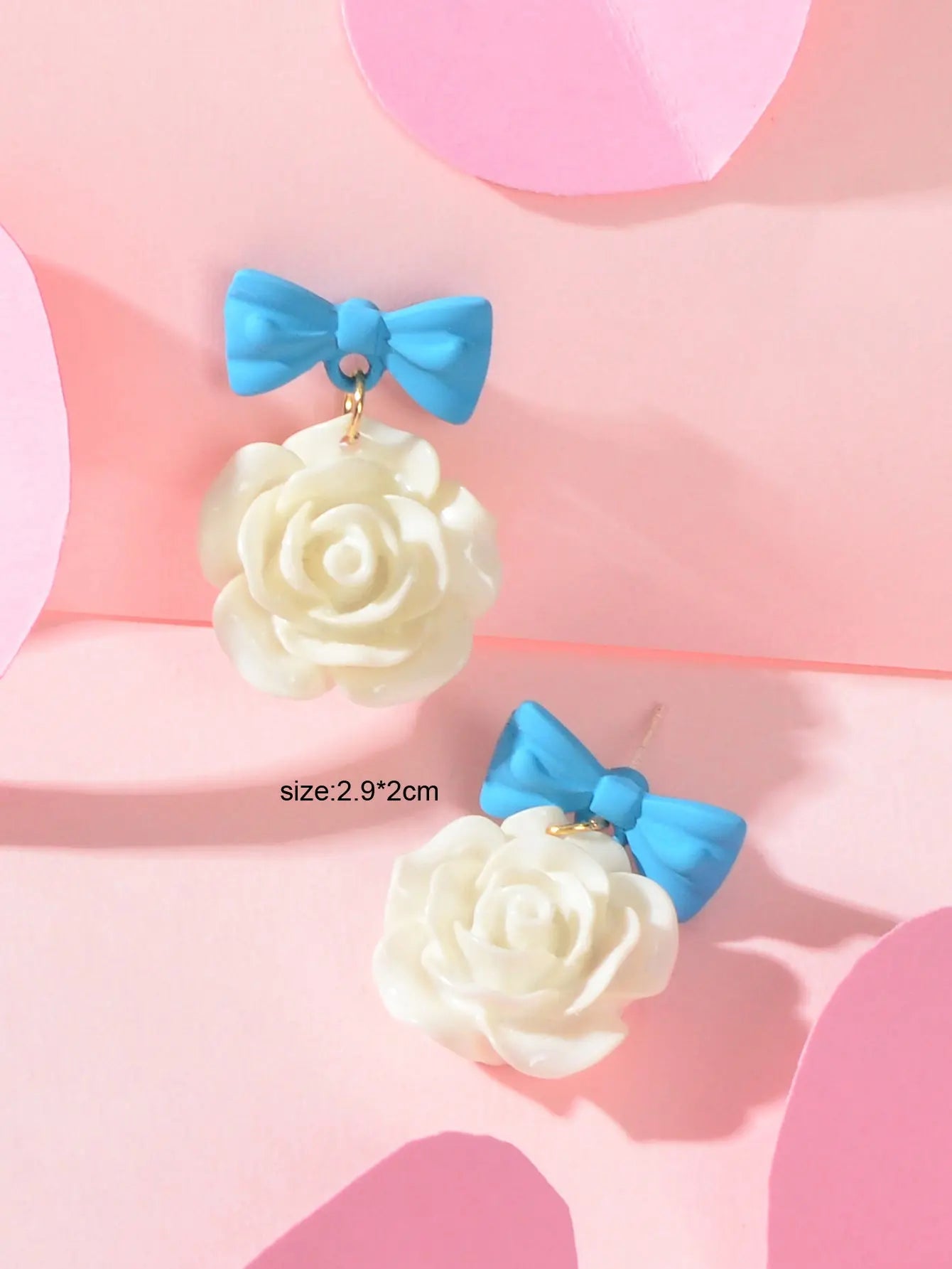 Elegant Jewellery Blue Bow Tie White Resin Flower Dangle Pierced Party Earrings Feelontop Jewellery
