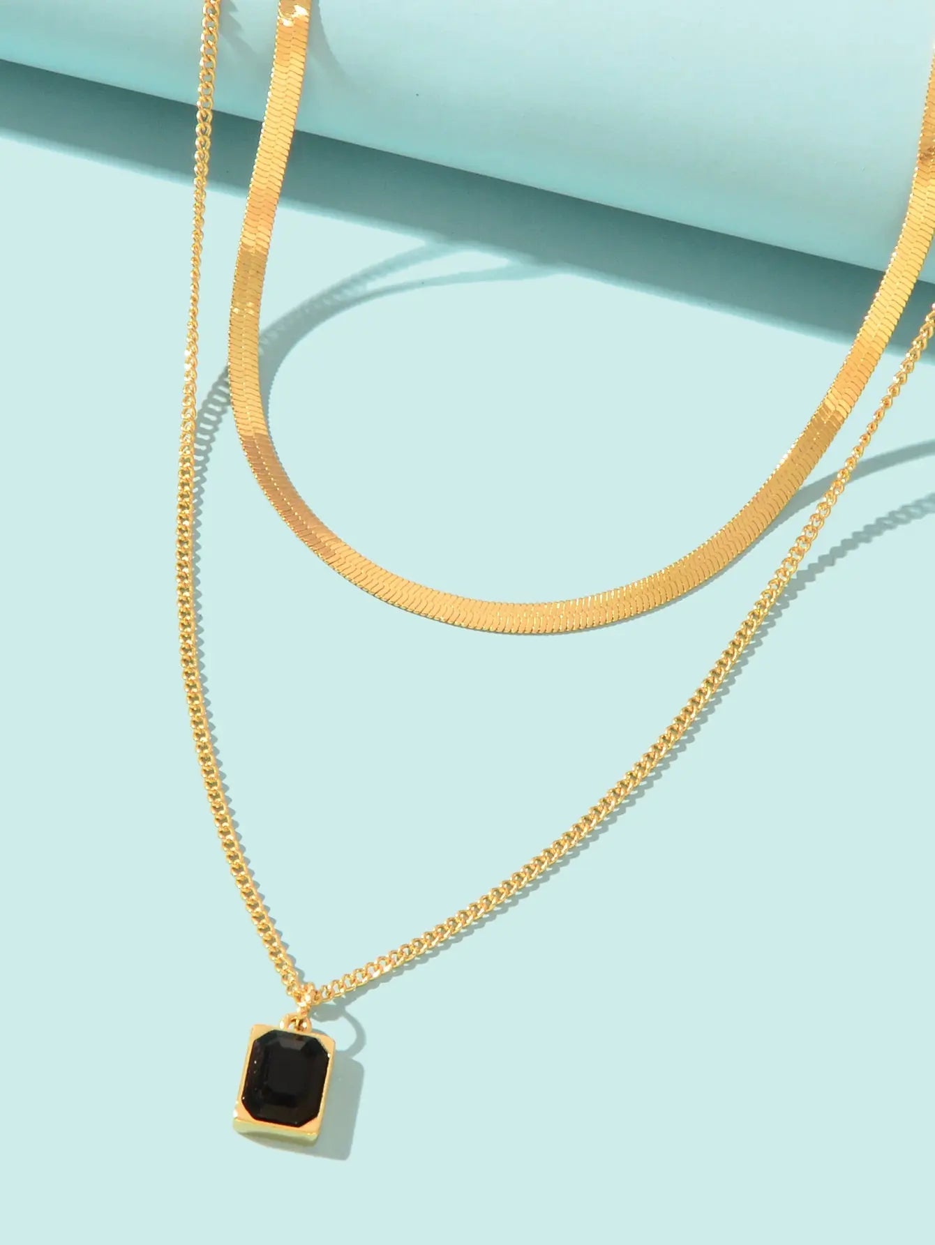 Double layer Gold Multiple Link Snake Chain Black Square Pendant Trendy Necklace Feelontop Jewellery