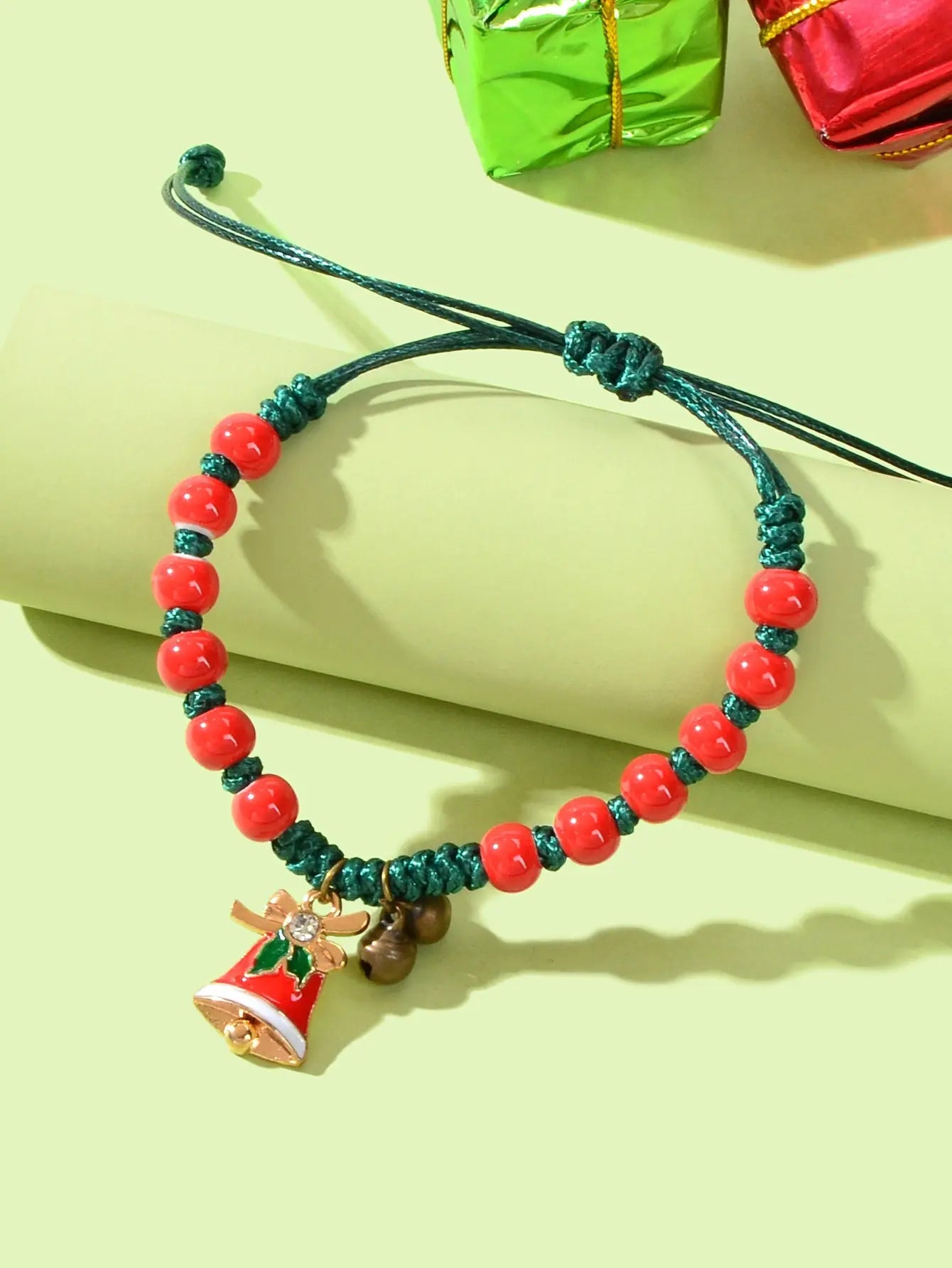 Xmas Gift Jewellery Green Braided Rope Red Beaded Bell Charm Adjustable Bracelet Feelontop Jewellery