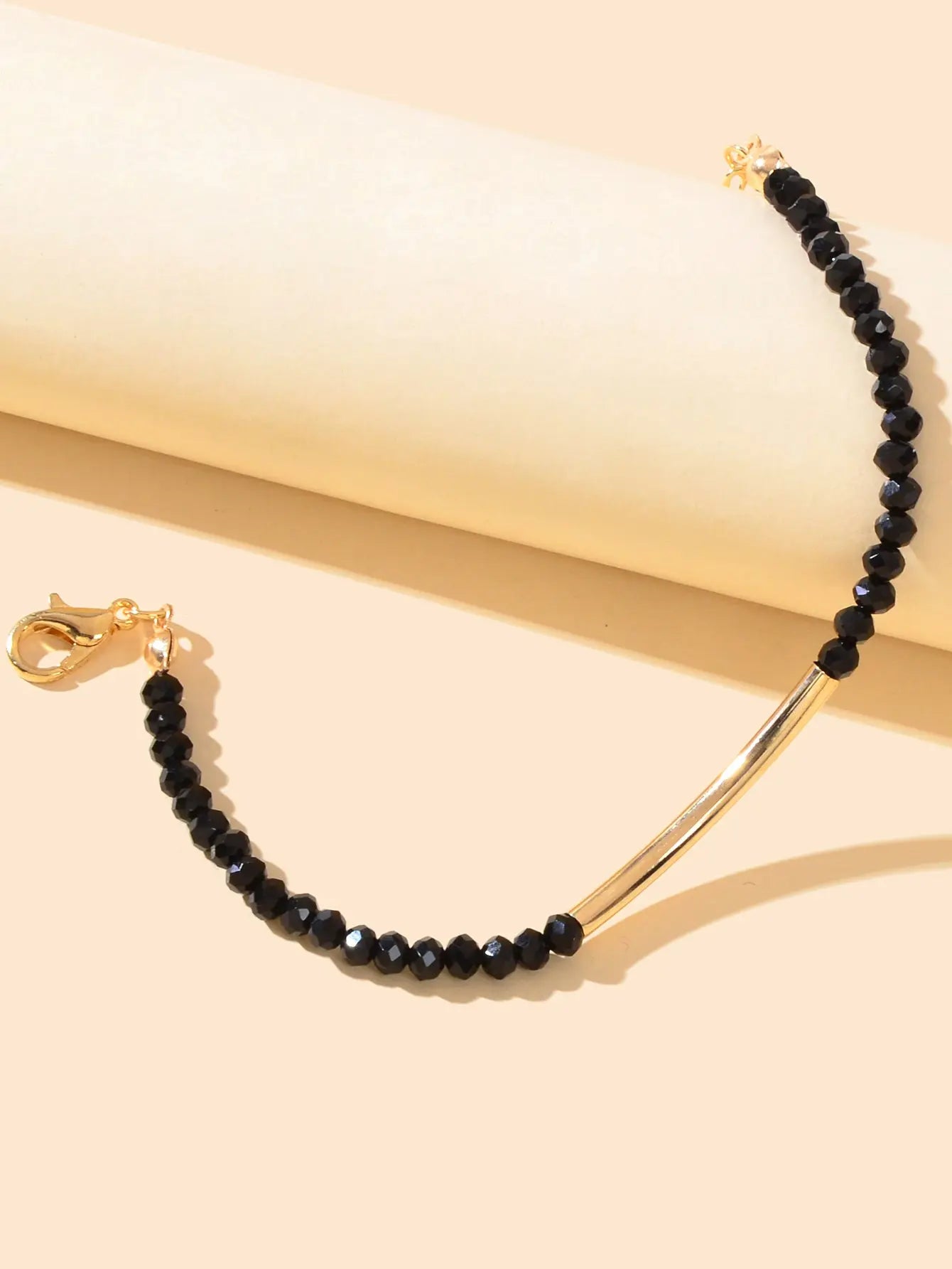 Trendy Handcrafted Black Beads Gold Metal String Bracelet Women Bangle Jewellery Feelontop Jewellery