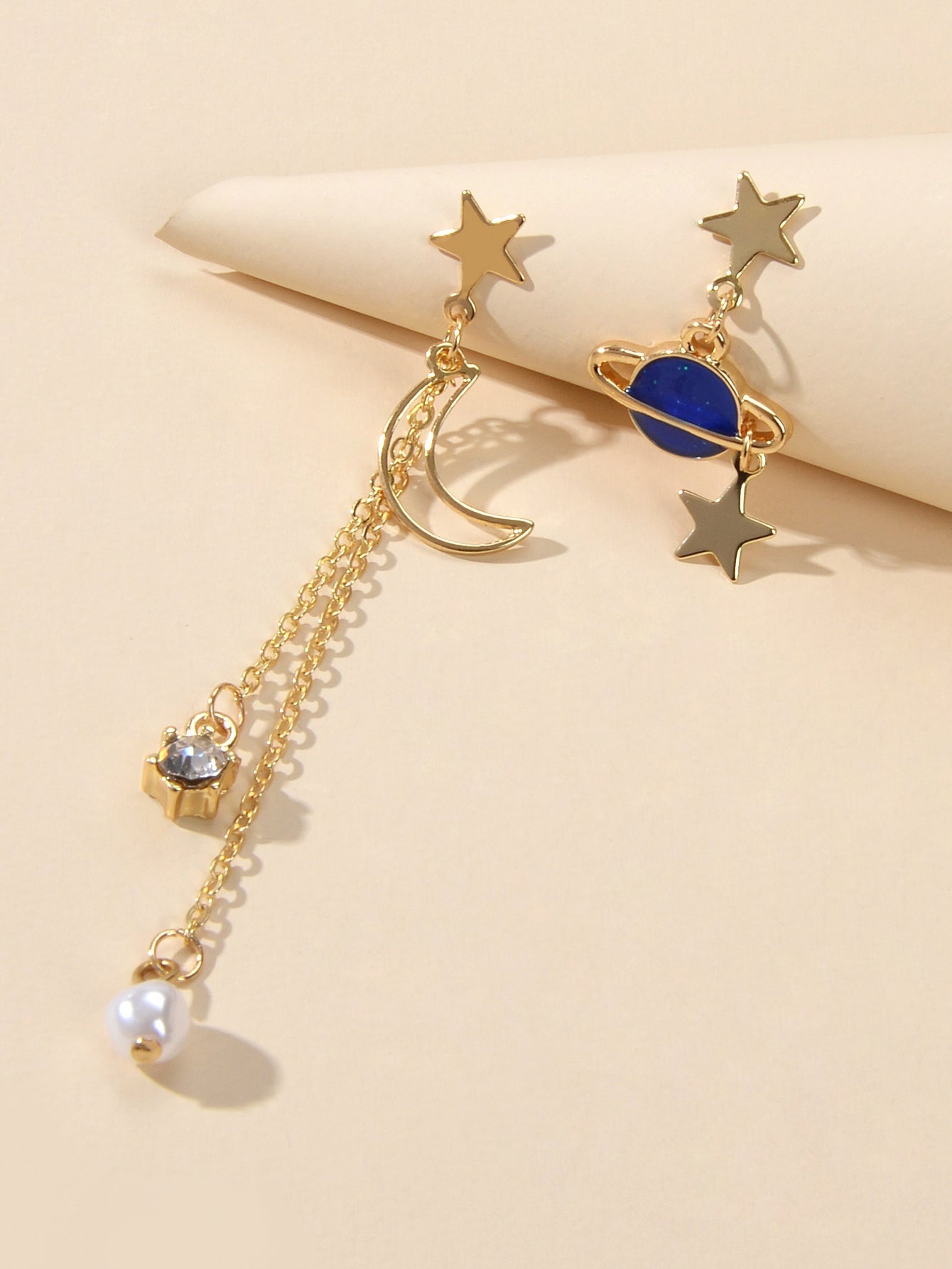 Asymmetric Pearl Rhinestone Decor Long Chain Star Moon Planet Dangle Earrings Feelontop Jewellery