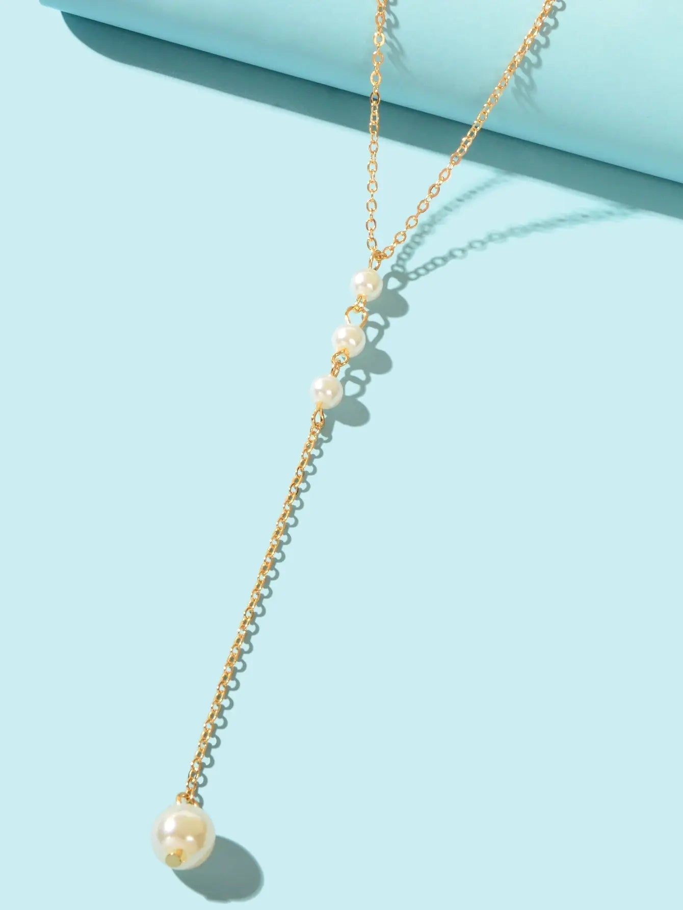 Dinner Jewellery Gold Chain Y Style Pearl Decor Long Pendant Lariat Necklace Feelontop Jewellery