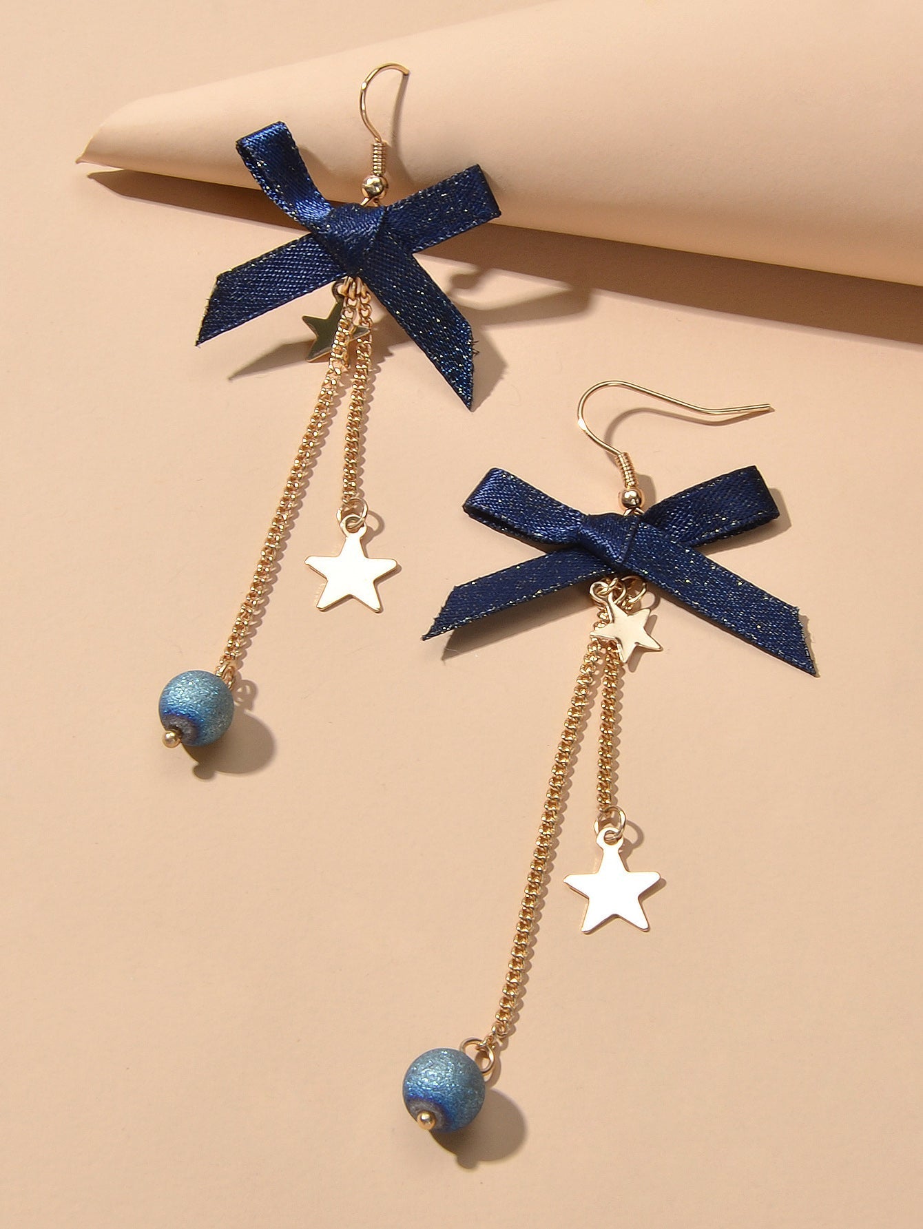 Sweet Design Blue Ribbon Bowknot Long Gold Chain Star Beads Pendant Earrings Feelontop Jewellery