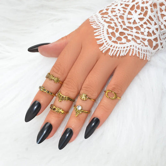 7 pcs Vintage Jewellery Oxidized Antique Gold Moon Shell Finger Ring Set Feelontop Jewellery