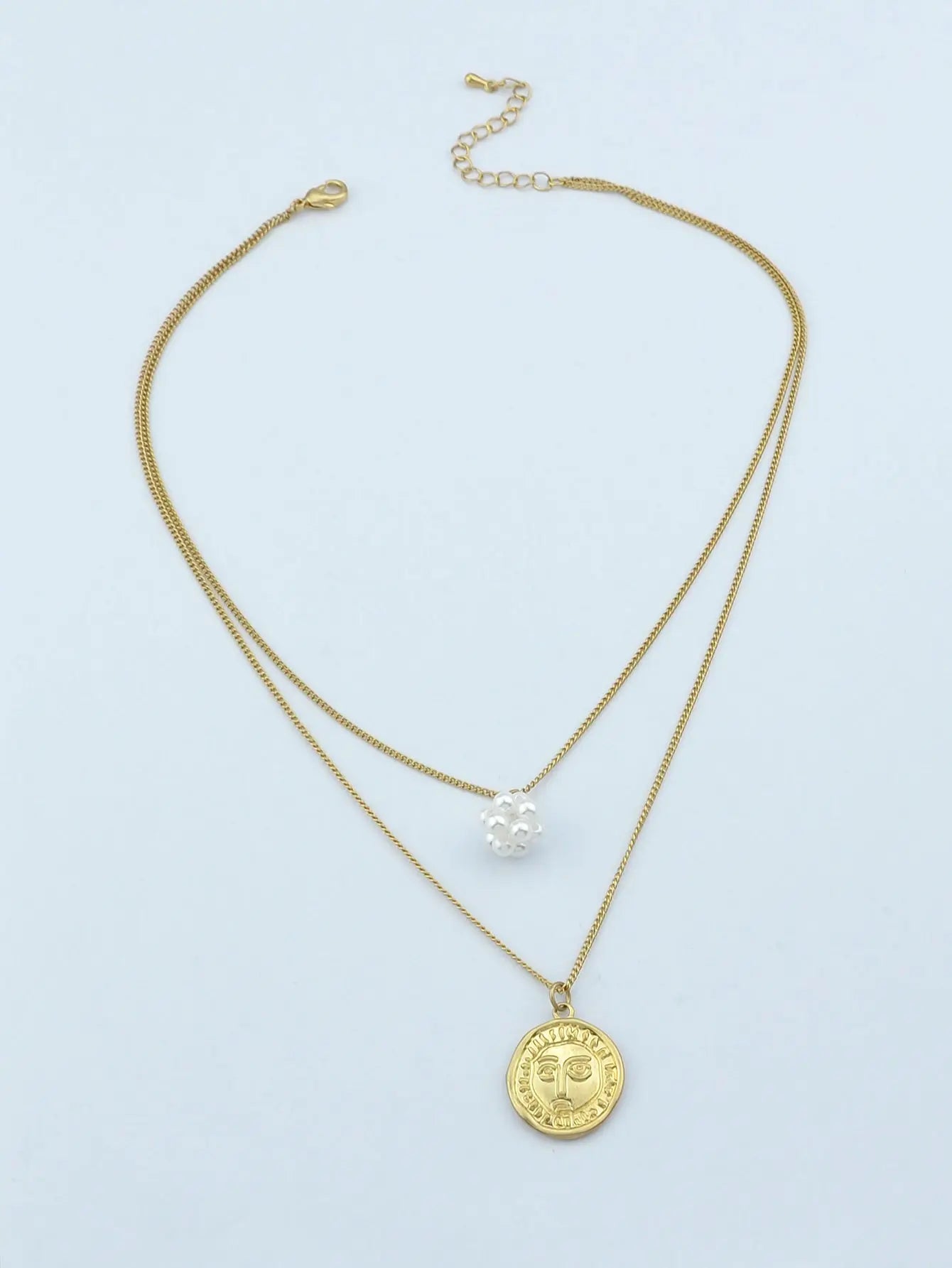 Personality Jewelry Double layer Gold Chain Pearl Ball Face Round Charm Necklace Feelontop Jewellery