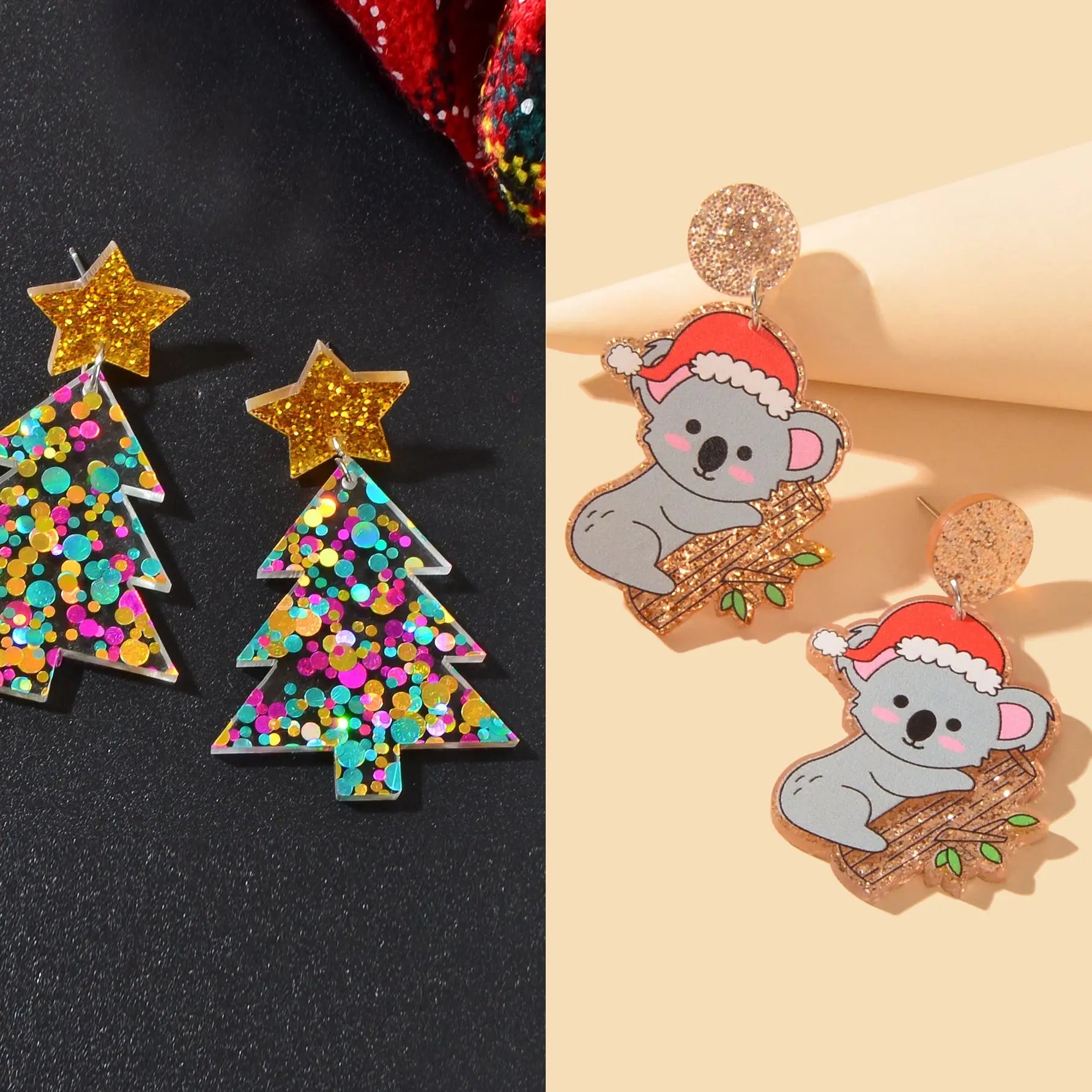 2 pairs Christmas Festival Jewelry Sequin Decor Acrylic Tree Koala Earrings set Feelontop Jewellery