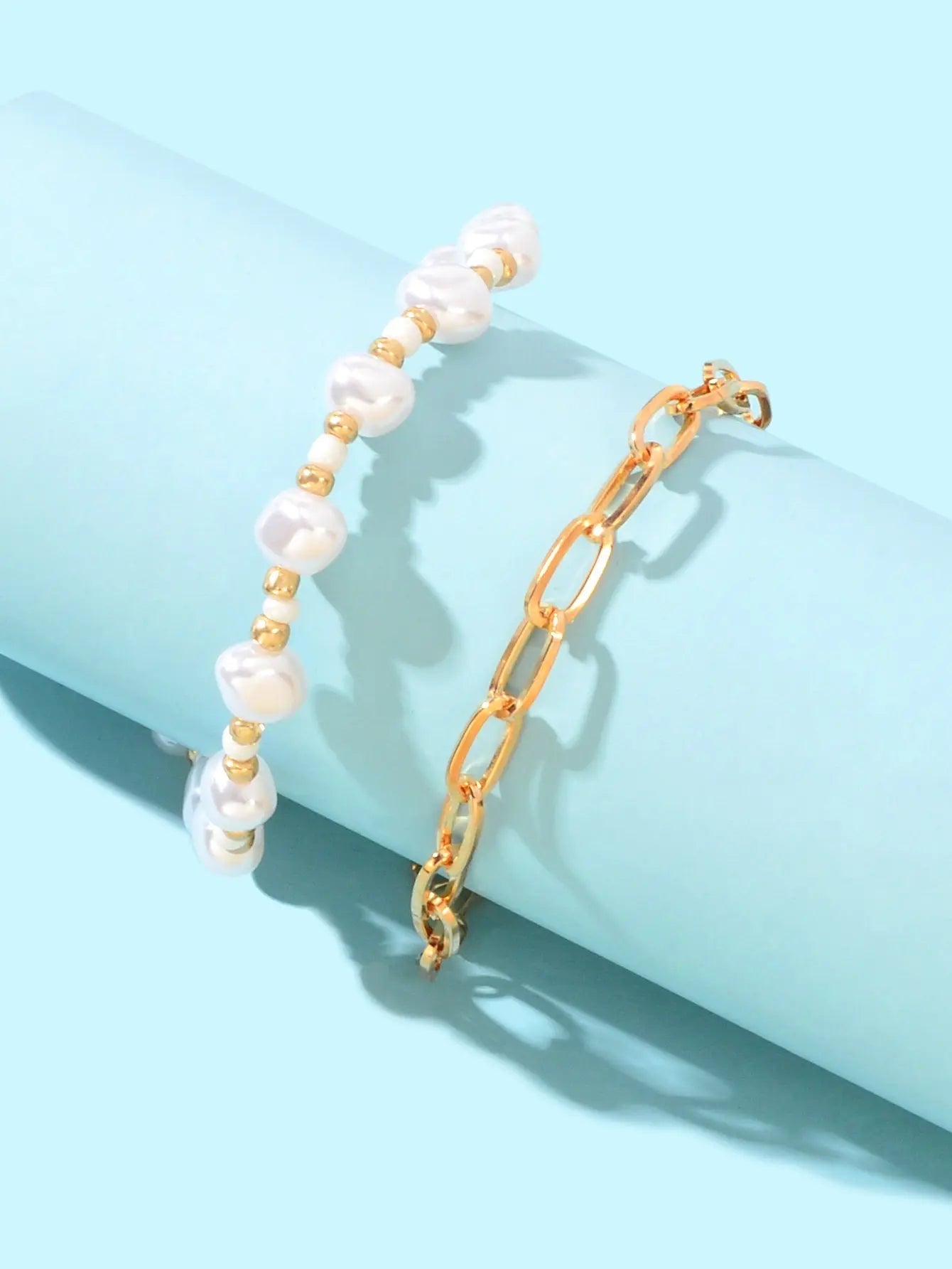 2 pcs Gold Link Chain Pearl Beaded Strand Beach Anklet Adjustable Foot Jewellery Feelontop Jewellery