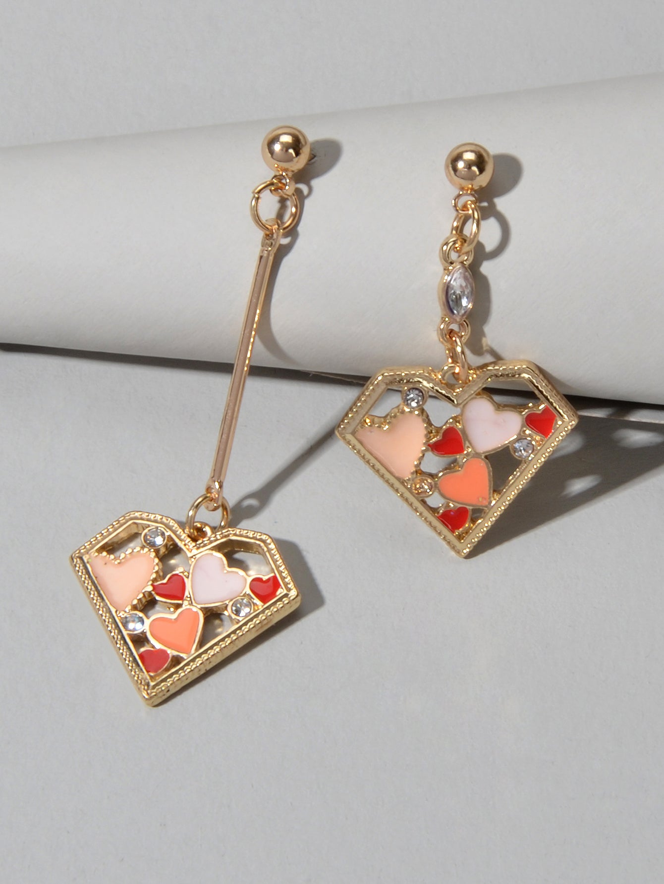 Valentine's Day Gift Rhinestone Decor Multi-colored Heart Asymmetric Earrings Feelontop Jewellery
