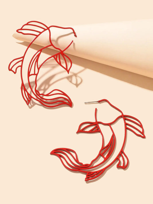 Personality Red Hollow Fish Stud Exaggerated Earrings Party Decoration for Women Feelontop Jewellery