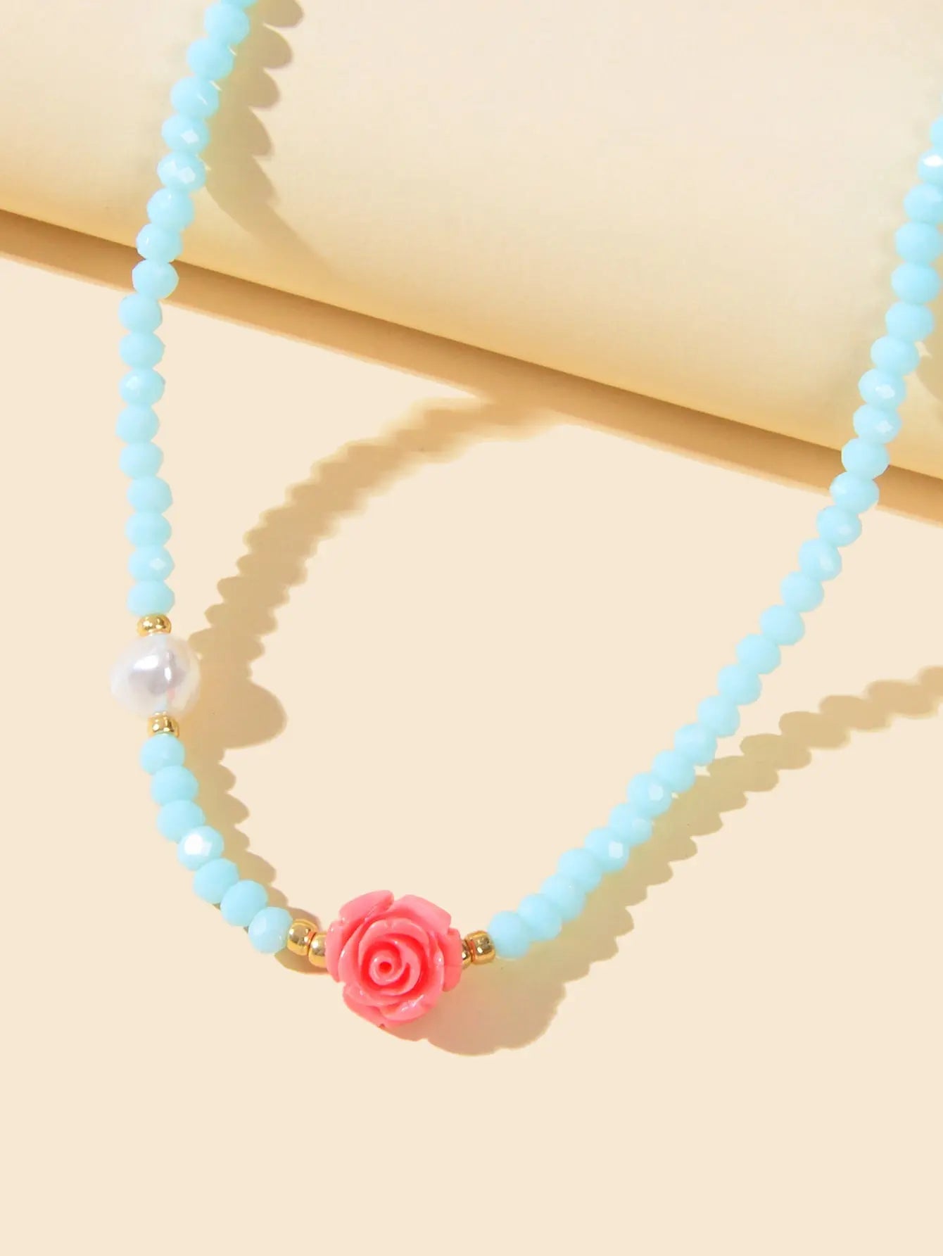 Pearl Red Resin Flower Decoration Blue Beads Short Collar Clavicle Necklace Gift Feelontop Jewellery