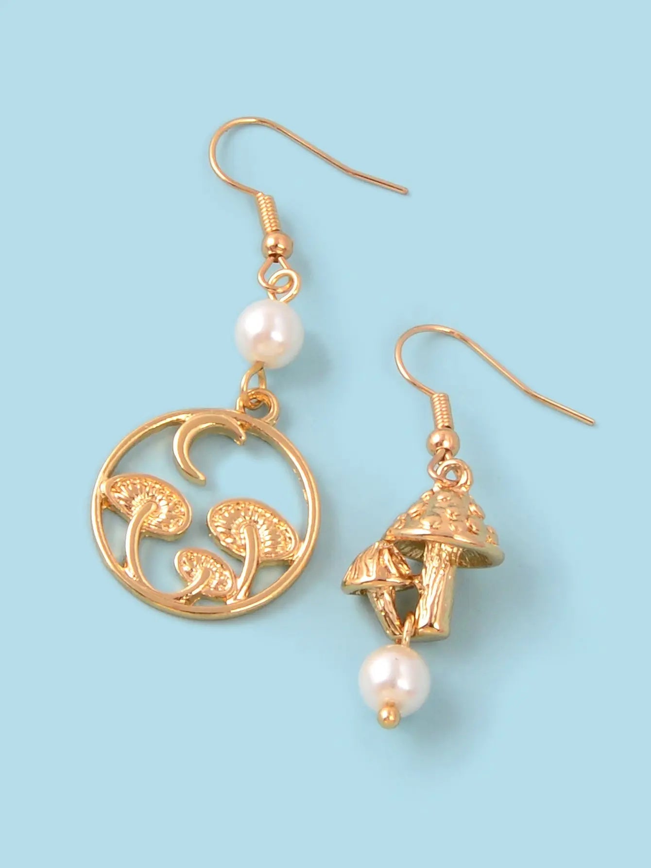 Asymmetrical Design Magical Gold Mushroom Moon Pearl Charm Dangle Earrings Gift Feelontop Jewellery