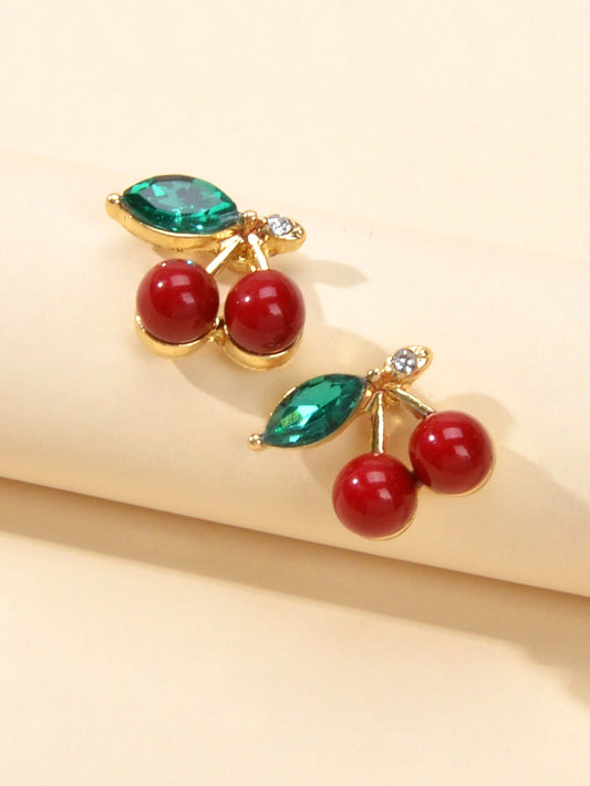 Lovely Fruit Jewellery Green Crystal Leaf Red Beads Stud Elegant Cherry Earrings Feelontop Jewellery