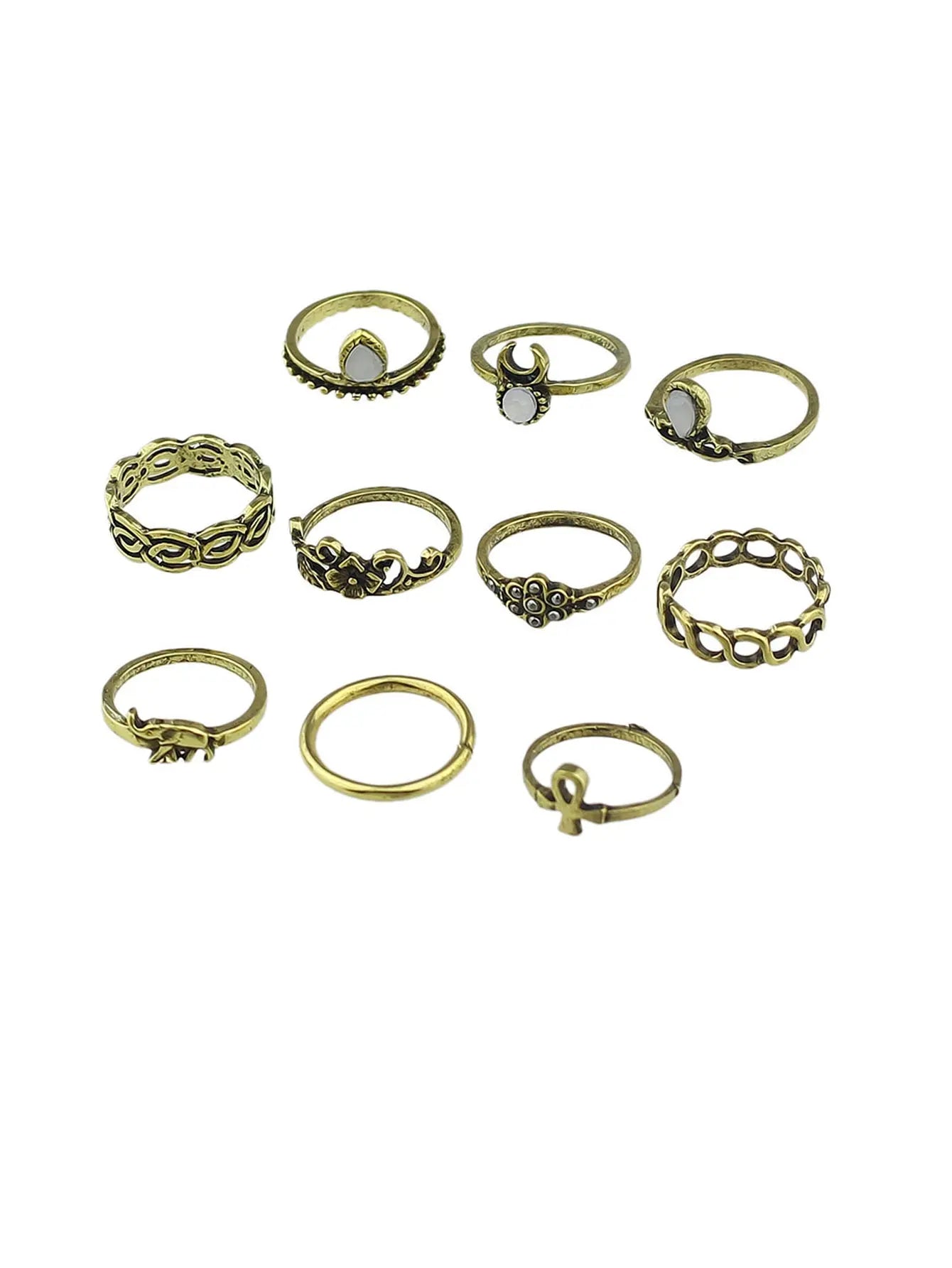 Stackable 10 pcs Tribal Ethnic Flower Elephant Vintage Multiple Finger Ring set Feelontop Jewellery