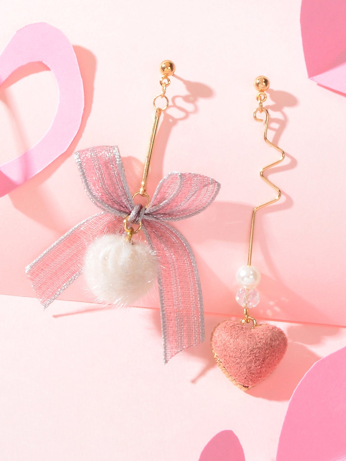 Valentine's Day Gift Bow Tie Pink Heart White Pom Pom Ball Asymmetrical Earrings Feelontop Jewellery
