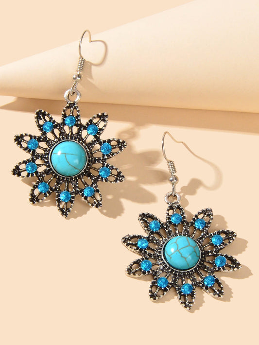 Vintage Jewelry Antique Silver Hollow out Blue Turquoise Flower Dangle Earrings Feelontop Jewellery