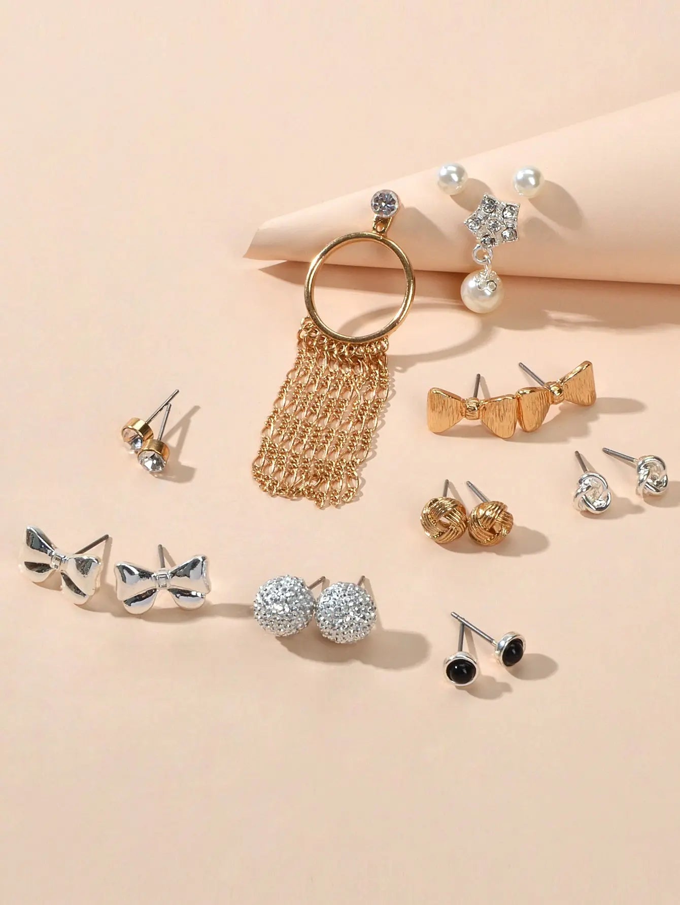 9 pairs Bowknot Rhinestone Pearl Stud Flower Tassel Chain Dangle Earrings Gift Feelontop Jewellery