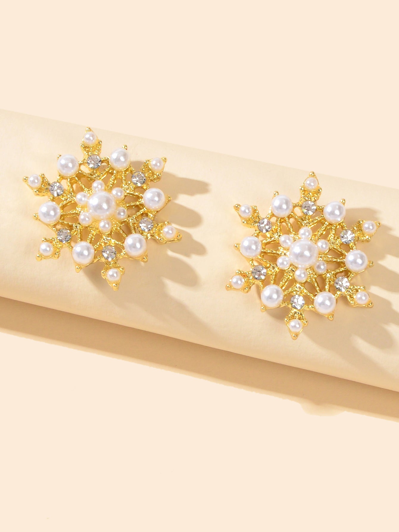 Pearl Rhinestone Gold Snowflake Stud Earrings Women Christmas Party Decoration Feelontop Jewellery