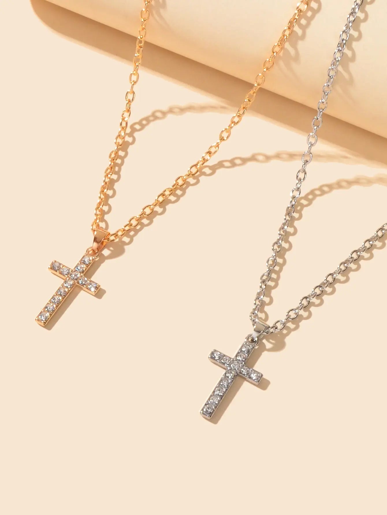 2 pcs Gold Silver Chain Rhinestone Cross Matching Necklace Lovers Couples Gift Feelontop Jewellery