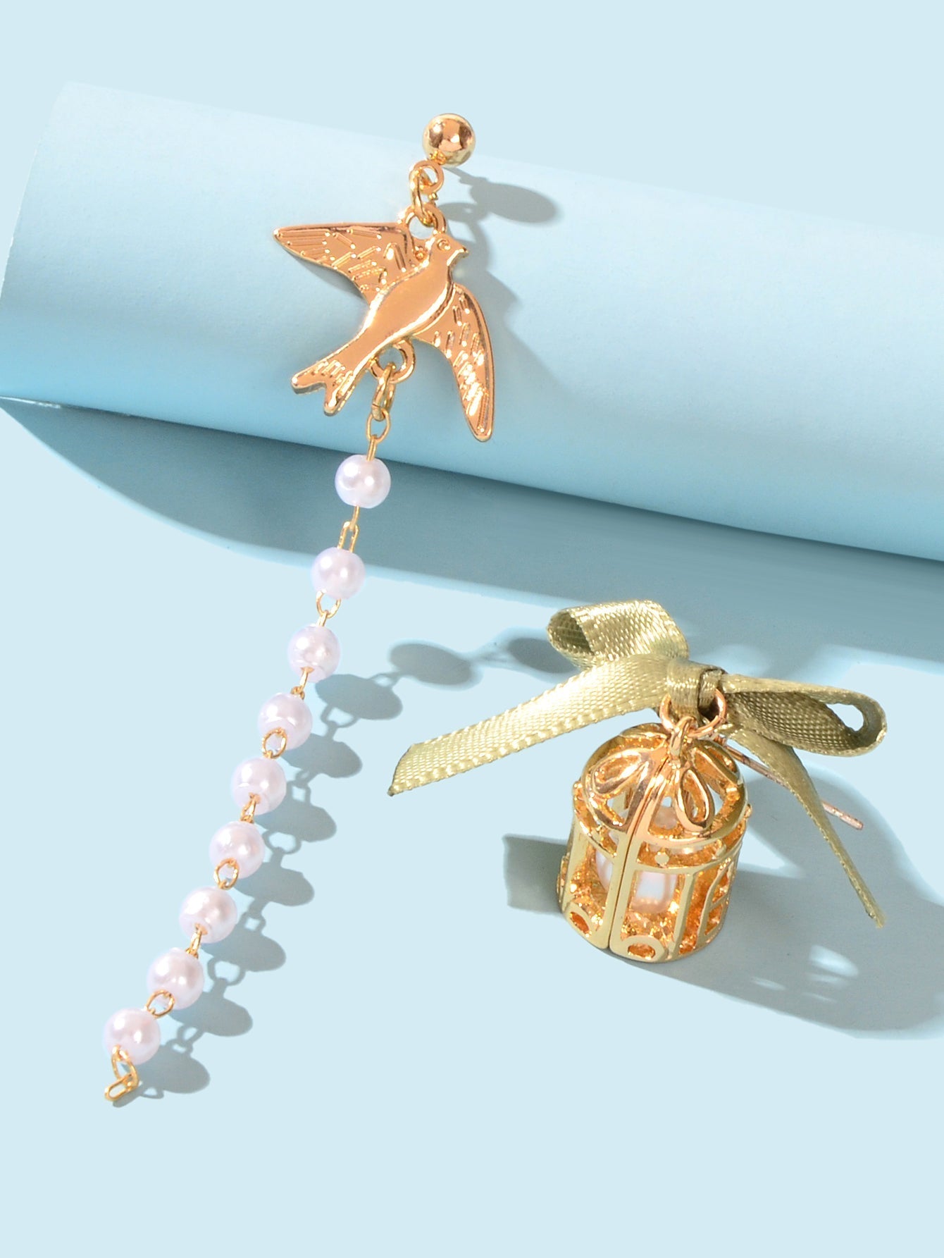Elegant Asymmetrical Green Bow tie Gold Bird Birdcage Pearl Long Chain Earrings Feelontop Jewellery