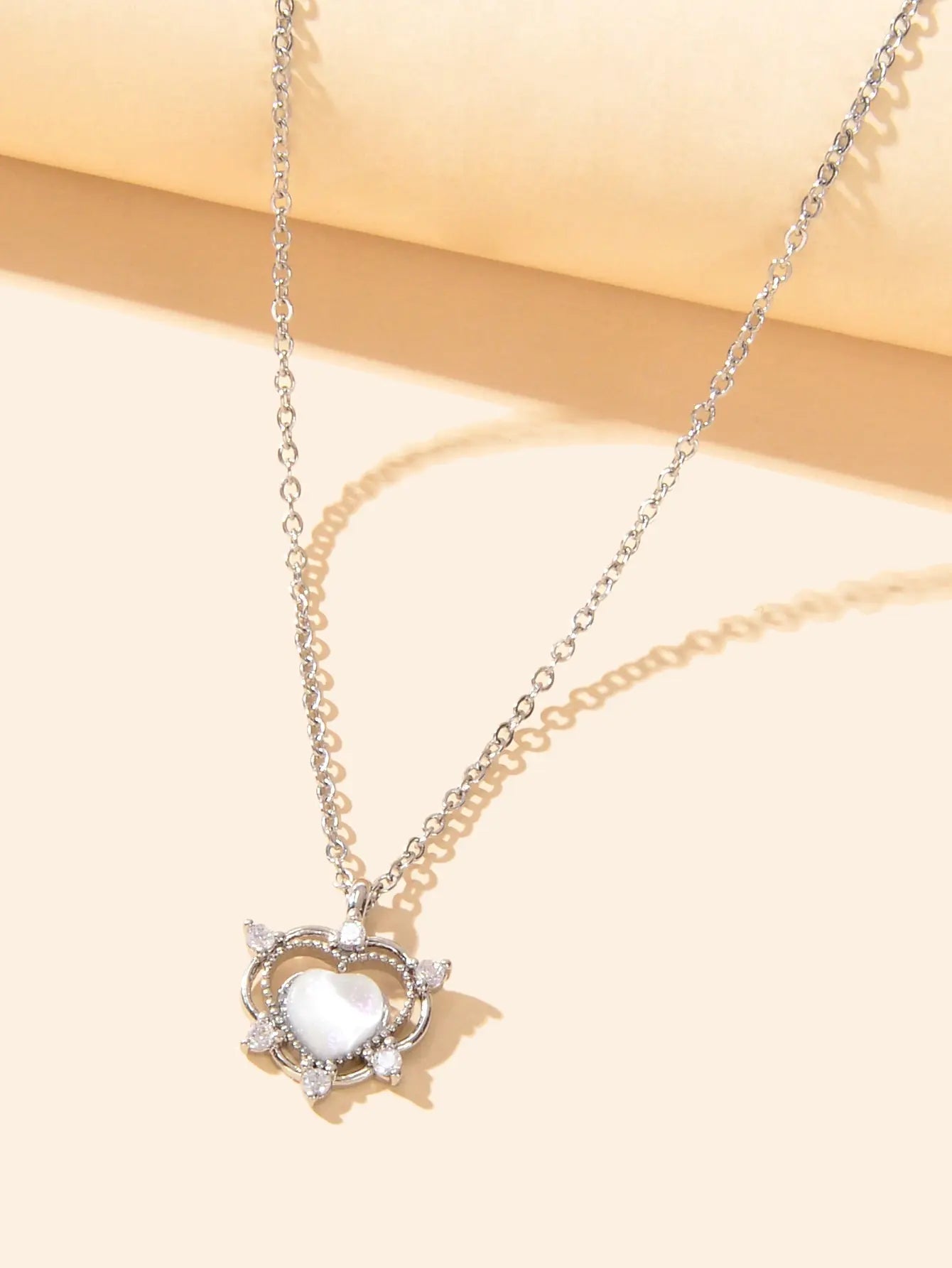 Exquisite Silver Chain Rhinestone Opal Decor Heart Pendant Necklace Gift Jewelry Feelontop Jewellery