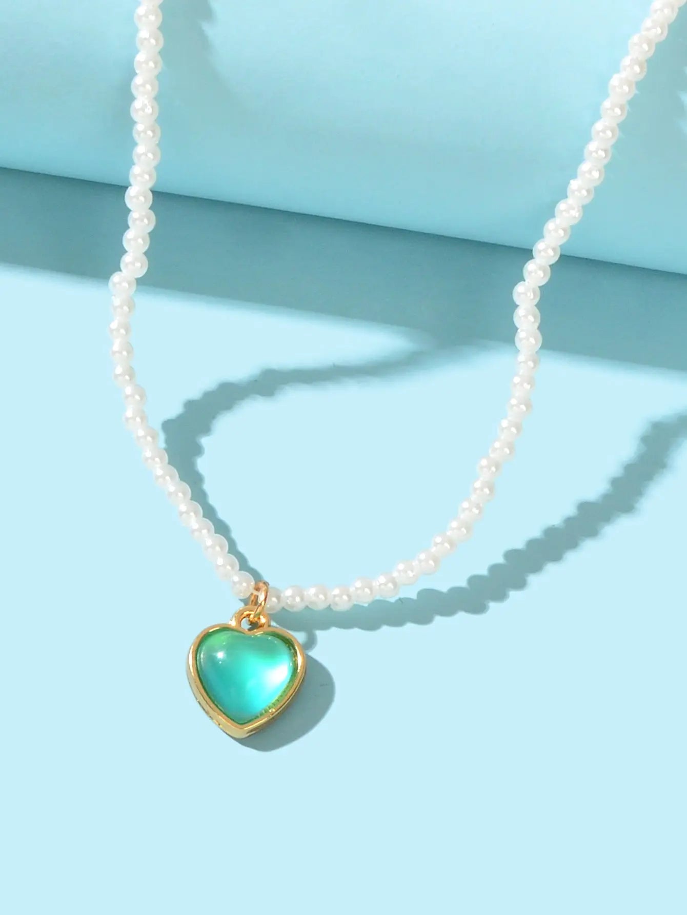 Anniversary Wedding Jewelry Pearl Beaded Chain Green Heart Charm Collar Necklace Feelontop Jewellery