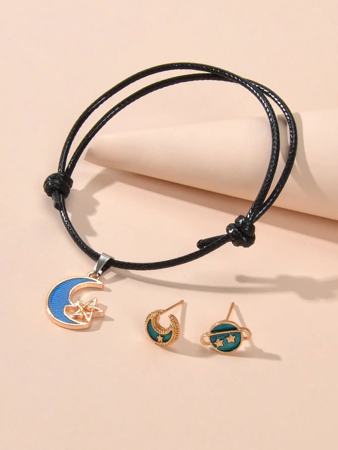 Jewellery set Black Pu Leather Star Moon Charm Adjustable Bracelet Stud Earrings Feelontop Jewellery