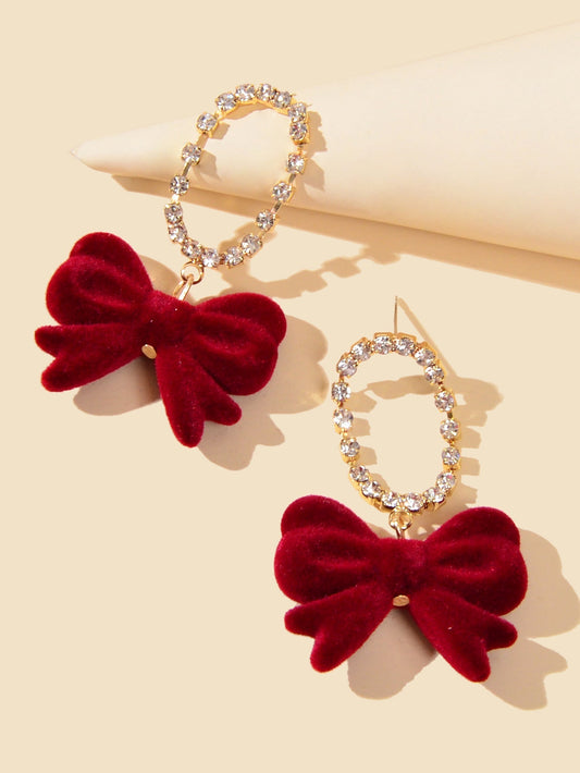 Sparkly Ribbon Bow Dangle Rhinestone Winered Vintage Square Bow Tie Earrings Feelontop Jewellery