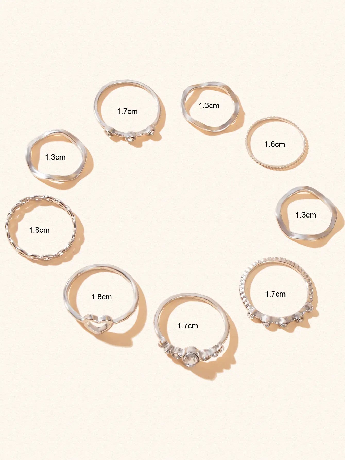 9pcs Bohemian Rhinestone Decor Silver Stackable Midi Multiple Knuckle Rings Set Feelontop Jewellery