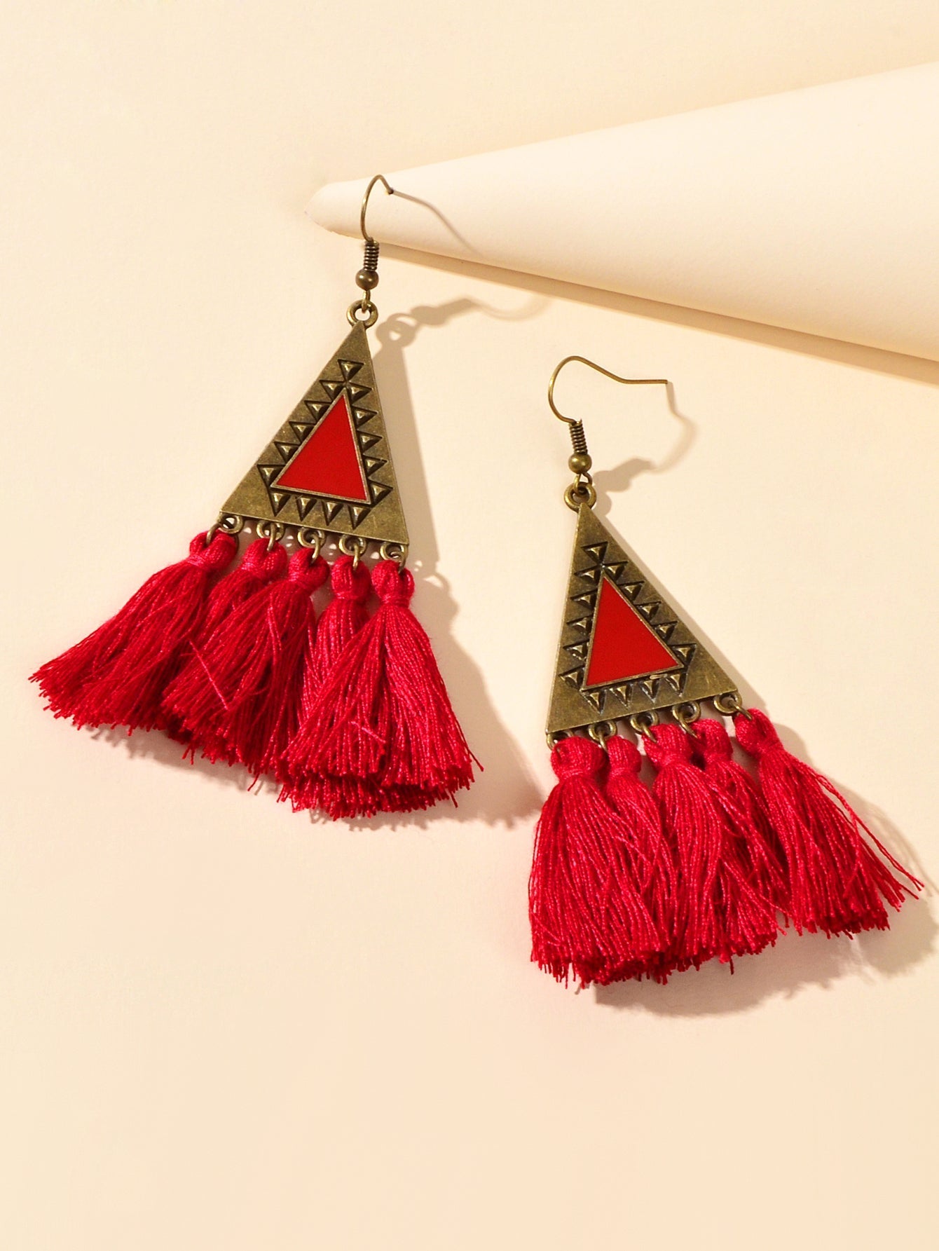 American Jewellery Ethnic Antique Gold Triangle Winered Tassel Bohemian Earrings Feelontop Jewellery