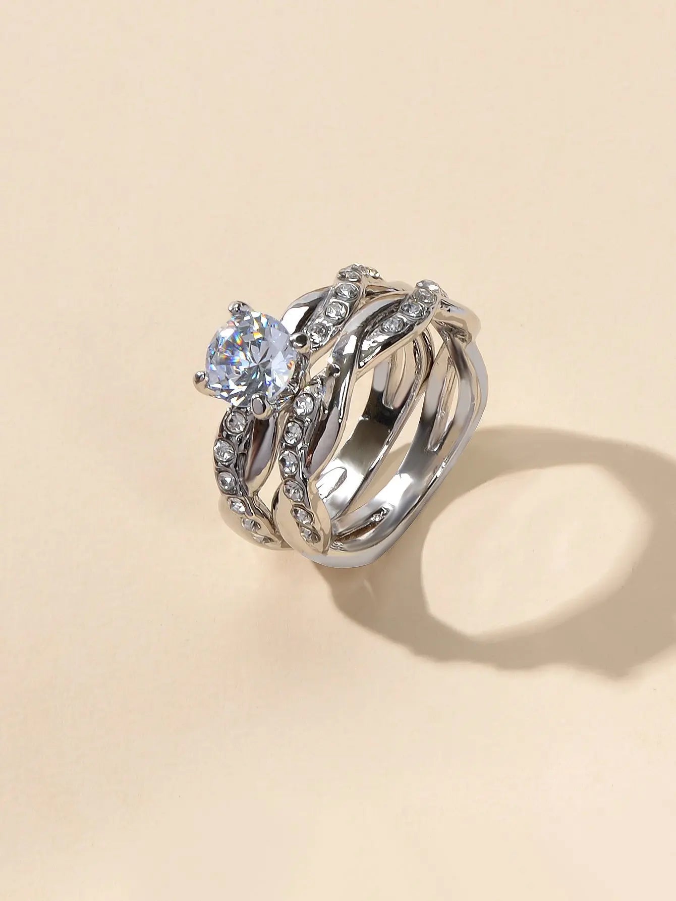 2pcs Luxury Women Band Simulated Diamond Silver Finger Wedding Engagement Ring Feelontop Jewellery