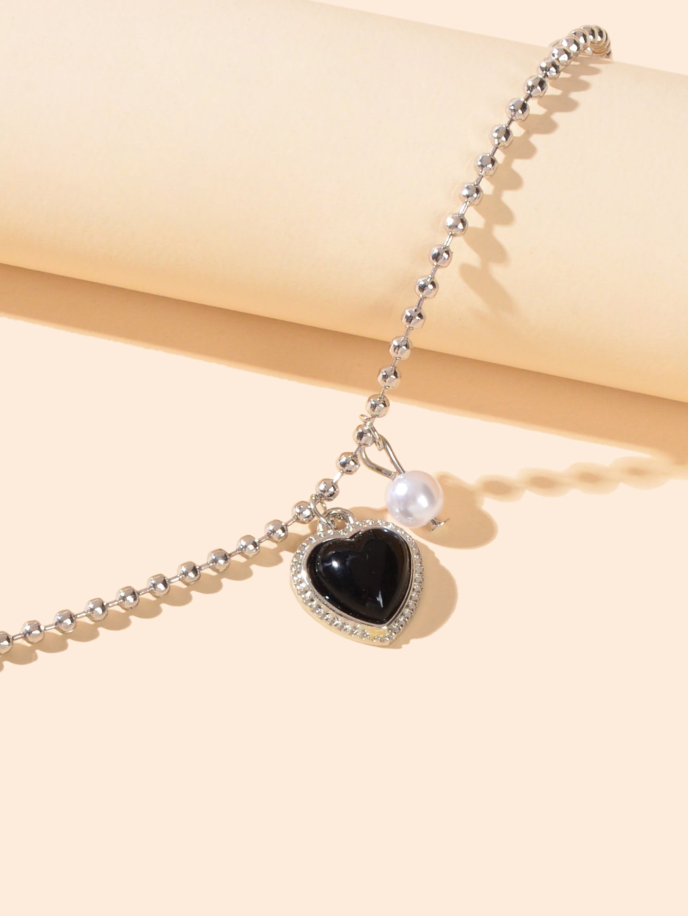 Girlfriend Gift Jewellery Silver Popcorn Chain Pearl Black Heart Charm Bracelets Feelontop Jewellery