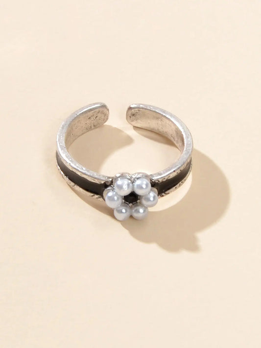 Retro Textured Jewellery Band Black Enamel Pearl Flower Open Cuff Finger Ring Feelontop Jewellery