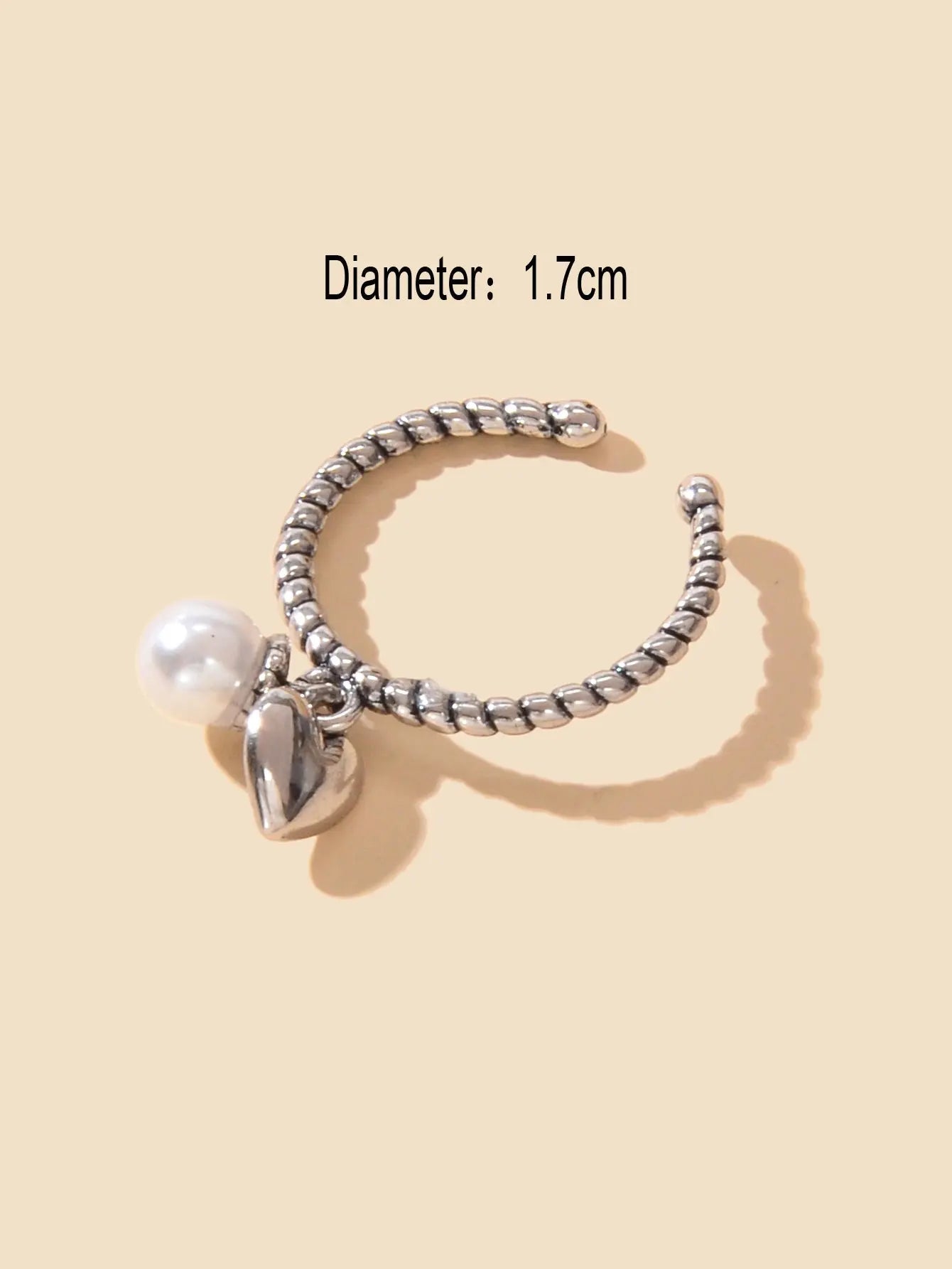 Vintage Silver Statement Antique Pearl Heart Charm Open Cuff Ring Women's Band Feelontop Jewellery
